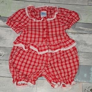 Baby B'Gosh Red Plaid Lace Detail Vintage Made In USA Romper Sz 3-6 Mo